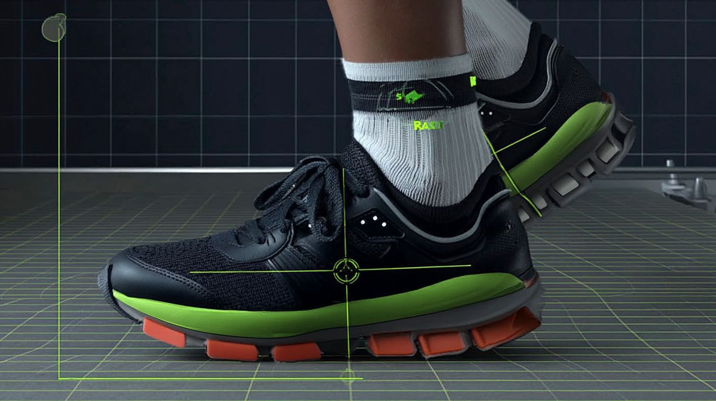 Treadmill with leg wearing black shoe and green sole